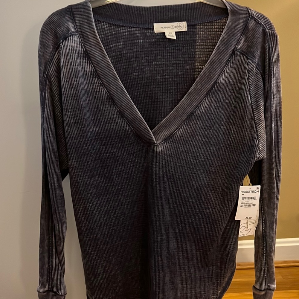 Treasure and bond distressed long sleeve v neck purple waffle top